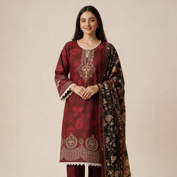 Maroon_Premium_Cotton_Kurti_With_Pant_And_Dupatta_Set_For_Women