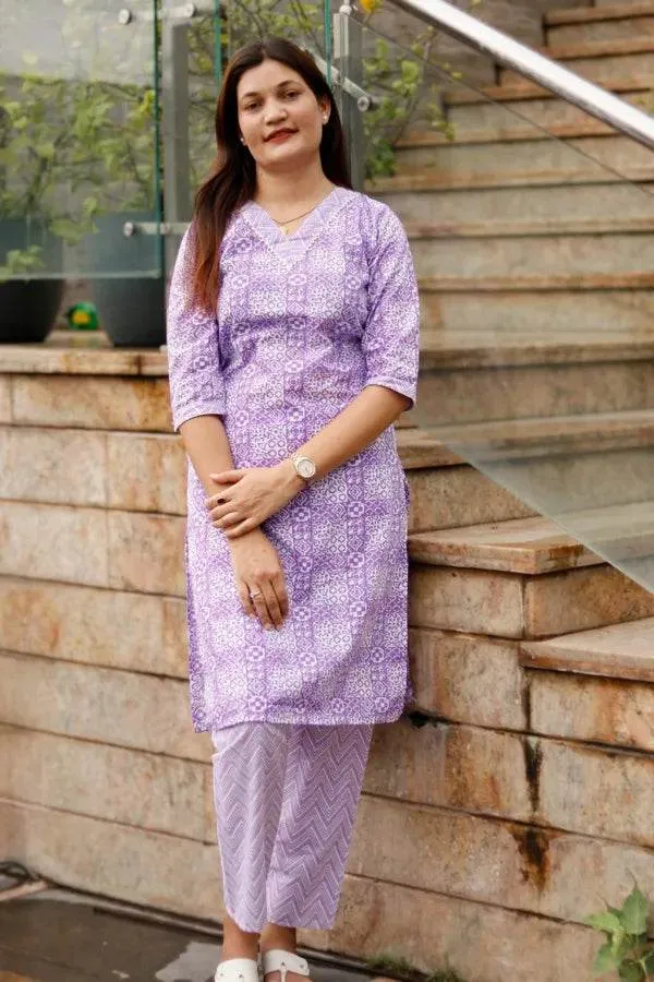 Lavender_Premium_Cotton_Kurti_With_Pant_And_Dupatta_Set_For_Women