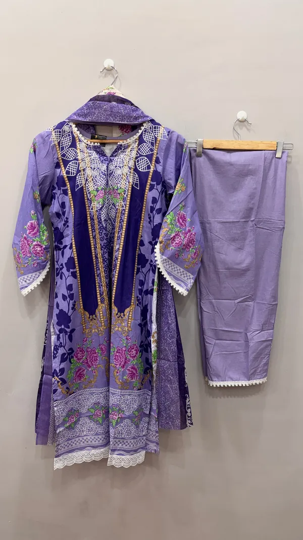 Lavender_Premium_Cotton_Kurti_With_Pant_And_Dupatta_Set_For_Women