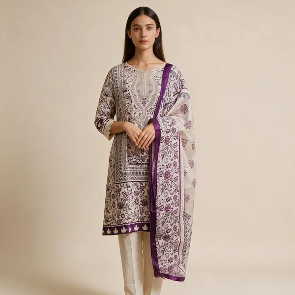 Lavender_And_Cream_Premium_Cotton_Kurti_With_Pant_And_Dupatta_Set_For_Women