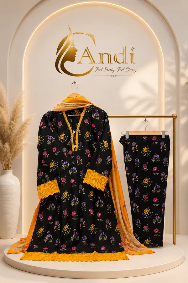 Black_And_Mustard_Premium_Rayon_Kurti_With_Pant_And_Dupatta_Set_For_Women