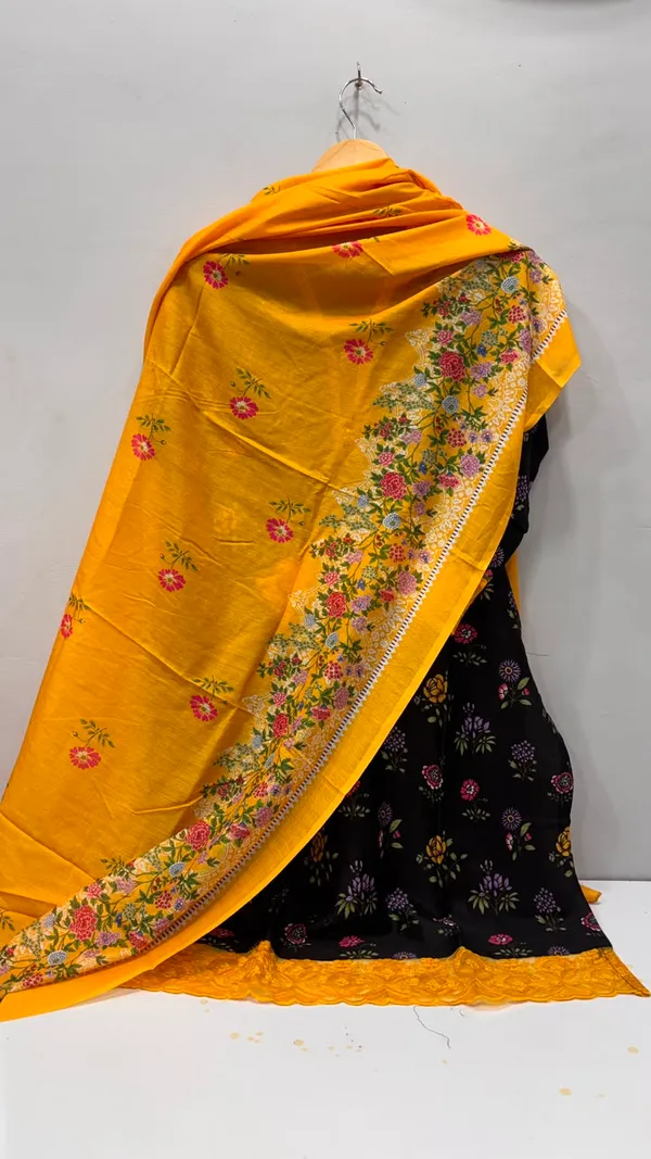 Black_And_Mustard_Premium_Rayon_Kurti_With_Pant_And_Dupatta_Set_For_Women