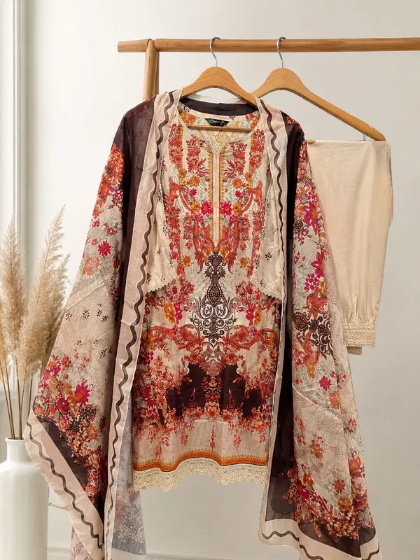 Ivory_And_Rust_Premium_Cotton_Kurti_With_Pant_And_Dupatta_Set_For_Women