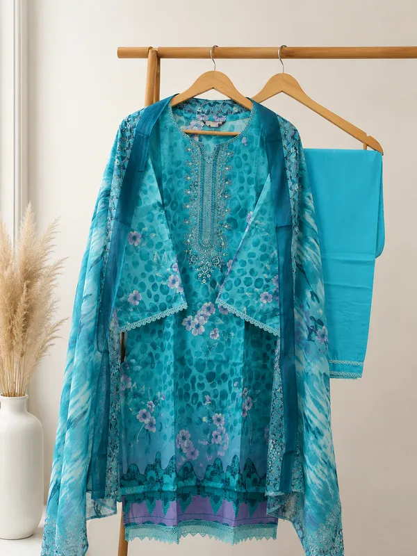 Blue_Premium_Cotton_Kurti_With_Pant_And_Dupatta_Set_For_Women