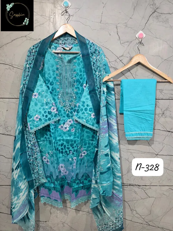 Blue_Premium_Cotton_Kurti_With_Pant_And_Dupatta_Set_For_Women