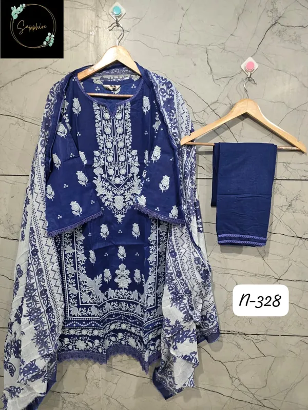 Blue_Premium_Cotton_Kurti_With_Pant_And_Dupatta_Set_For_Women