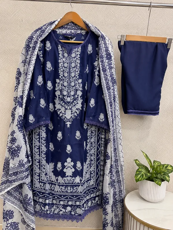 Blue_Premium_Cotton_Kurti_With_Pant_And_Dupatta_Set_For_Women