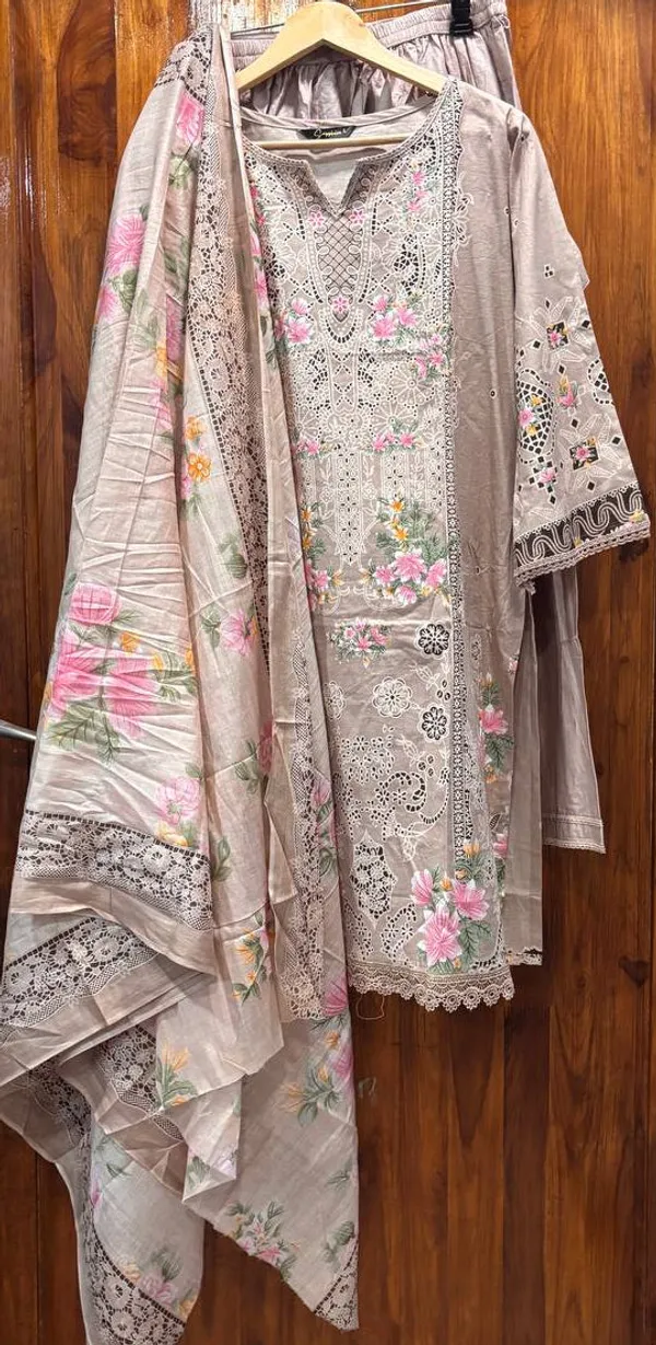 Beige_Premium_Cotton_Kurti_With_Pant_And_Dupatta_Set_For_Women