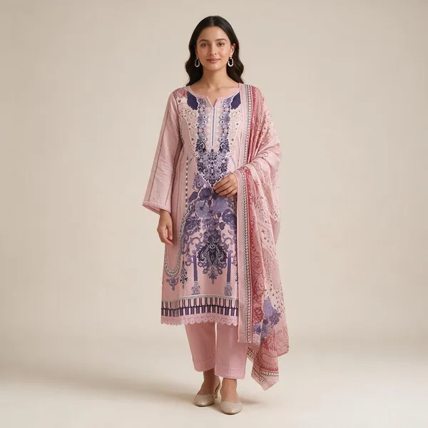 Pink_And_Purple_Premium_Cotton_Kurti_With_Pant_And_Dupatta_Set_For_Women