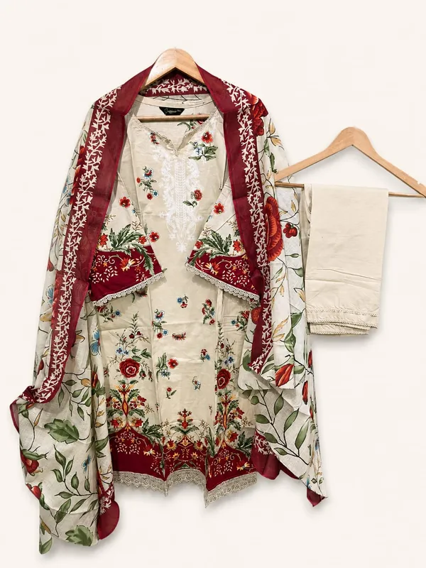 Cream_Premium_Cotton_Kurti_With_Pant_And_Dupatta_Set_For_Women