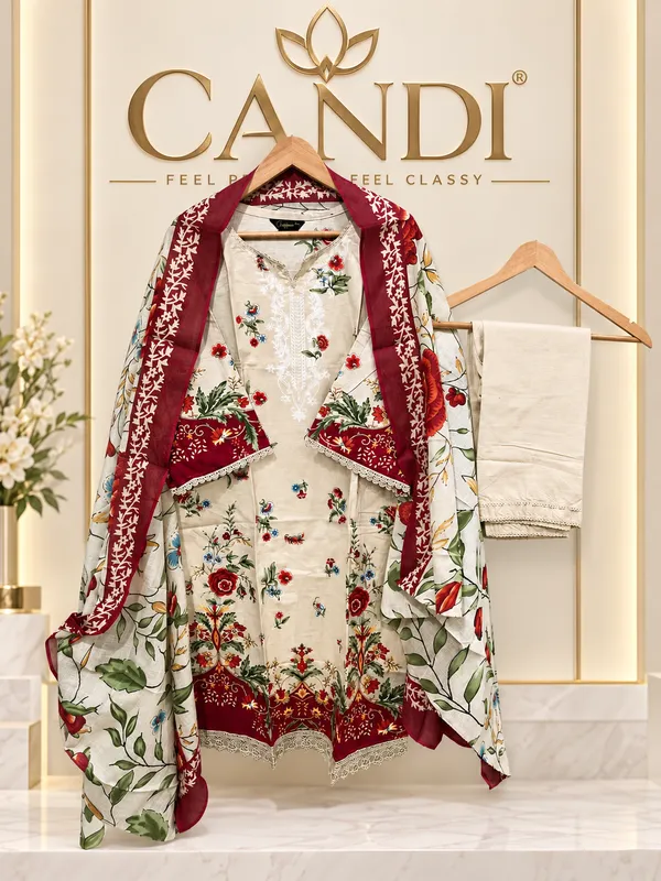 Cream_Premium_Cotton_Kurti_With_Pant_And_Dupatta_Set_For_Women
