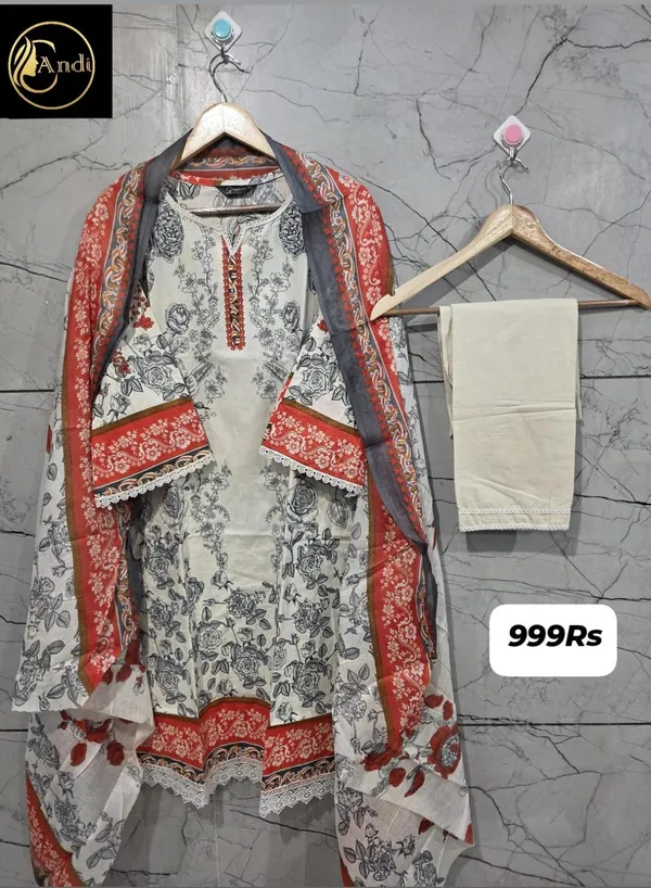 Cream_And_Rust_Premium_Cotton_Kurti_With_Pant_And_Dupatta_Set_For_Women
