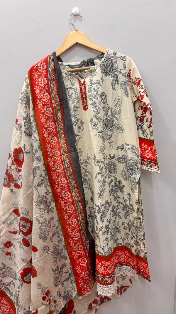 Cream_And_Rust_Premium_Cotton_Kurti_With_Pant_And_Dupatta_Set_For_Women
