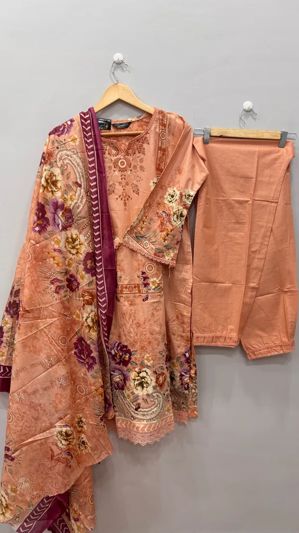 Peach_And_Plum_Premium_Cotton_Kurti_With_Pant_And_Dupatta_Set_For_Women