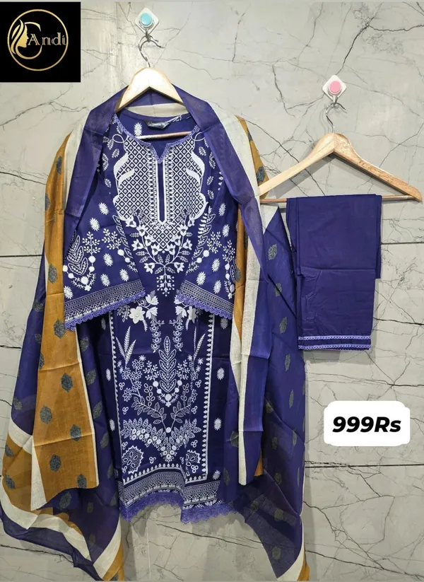 Indigo_Premium_Cotton_Kurti_With_Pant_And_Dupatta_Set_For_Women