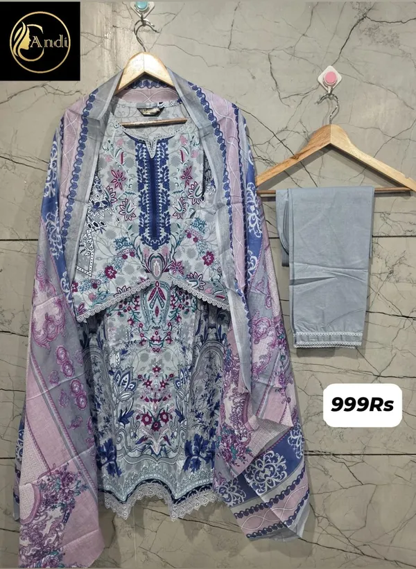 Blue_Premium_Cotton_Kurti_With_Pant_And_Dupatta_Set_For_Women