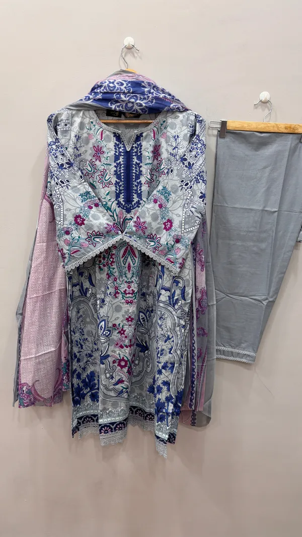 Blue_Premium_Cotton_Kurti_With_Pant_And_Dupatta_Set_For_Women
