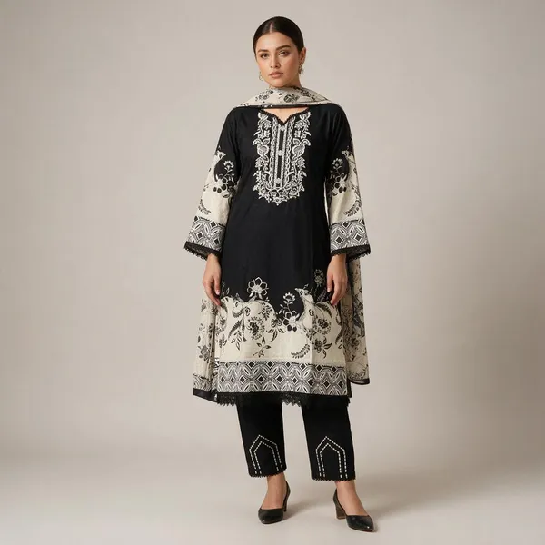 Black_Premium_Cotton_Kurti_With_Pant_And_Dupatta_Set_For_Women
