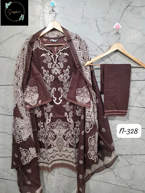 Cocoa_Brown_Premium_Cotton_Kurti_With_Pant_And_Dupatta_Set_For_Women
