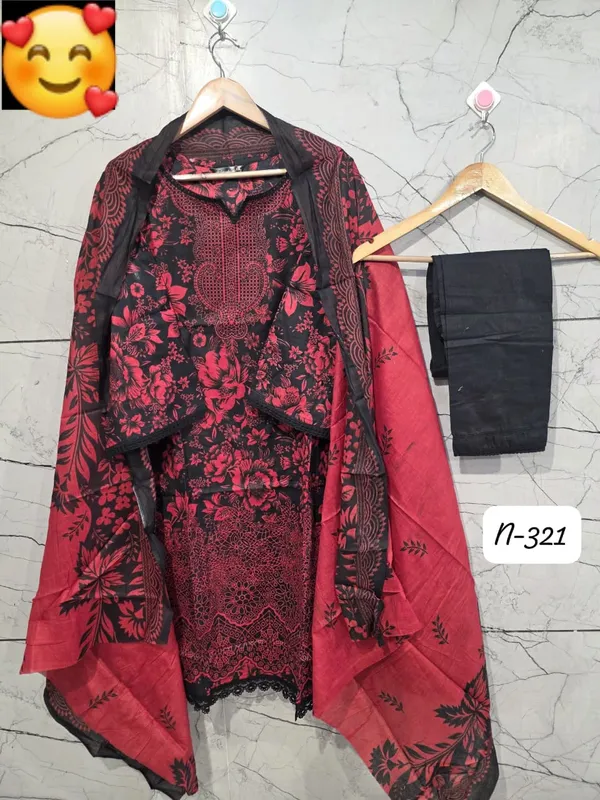 Red_And_Black_Premium_Cotton_Kurti_With_Pant_And_Dupatta_Set_For_Women