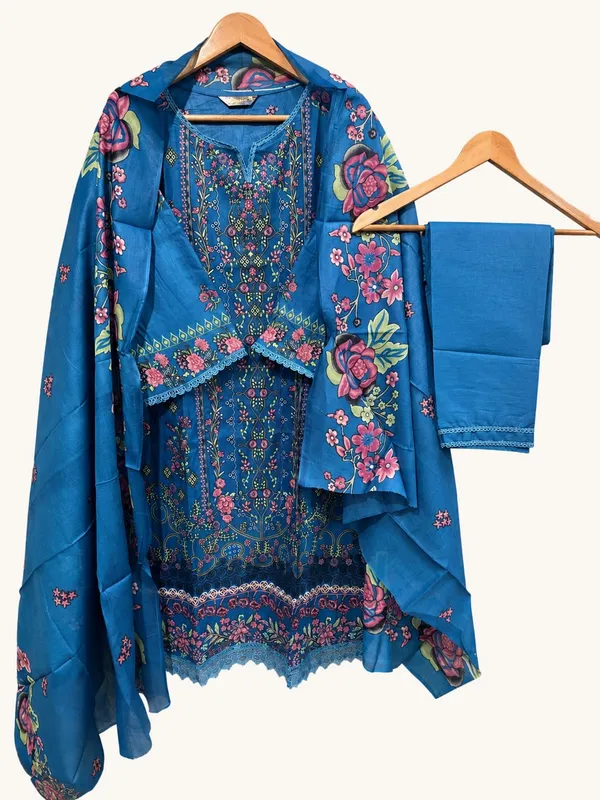 Blue_Premium_Cotton_Kurti_With_Pant_And_Dupatta_Set_For_Women