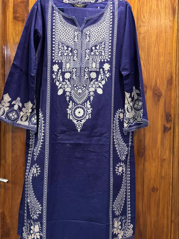 Royal_Blue_And_White_Premium_Cotton_Kurti_With_Pant_And_Dupatta_Set_For_Women