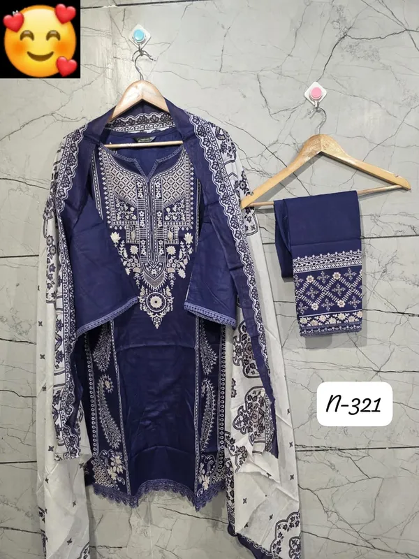 Royal_Blue_And_White_Premium_Cotton_Kurti_With_Pant_And_Dupatta_Set_For_Women