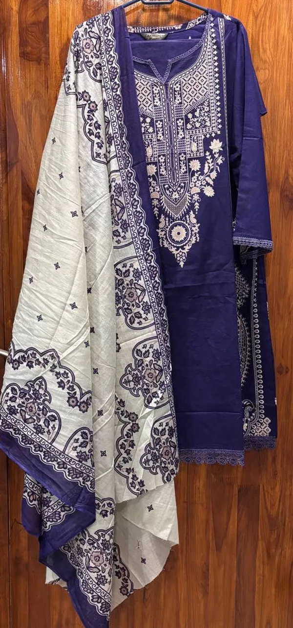 Royal_Blue_And_White_Premium_Cotton_Kurti_With_Pant_And_Dupatta_Set_For_Women
