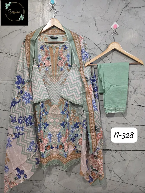 Sea_Green_Premium_Cotton_Kurti_With_Pant_And_Dupatta_Set_For_Women