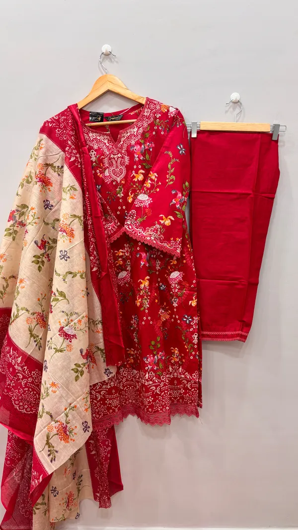Ruby_Red_Premium_Cotton_Kurti_With_Pant_And_Dupatta_Set_For_Women