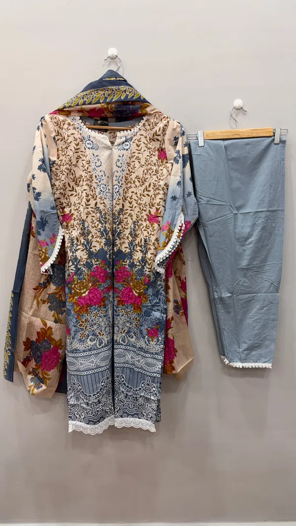 Blue_Premium_Cotton_Kurti_With_Pant_And_Dupatta_Set_For_Women