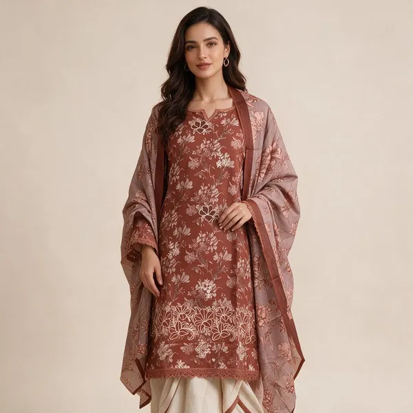 Rust_And_Brown_Premium_Cotton_Kurti_With_Pant_And_Dupatta_Set_For_Women
