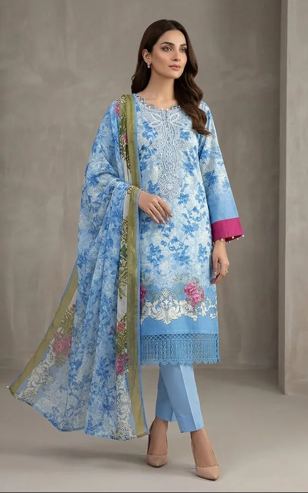 Sky_Blue_Premium_Cotton_Kurti_With_Pant_And_Dupatta_Set_For_Women