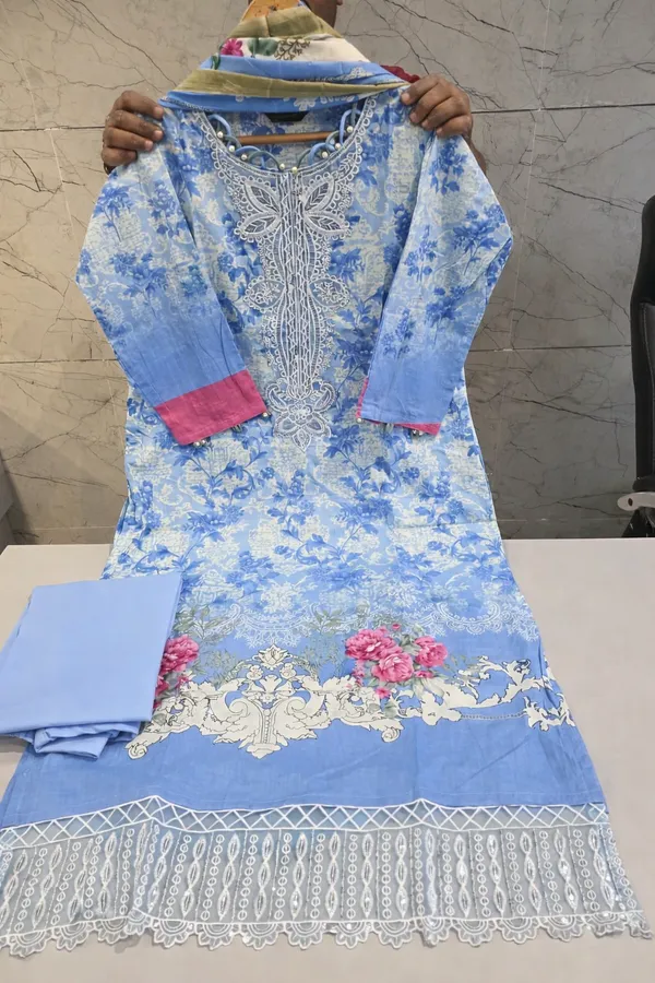 Sky_Blue_Premium_Cotton_Kurti_With_Pant_And_Dupatta_Set_For_Women
