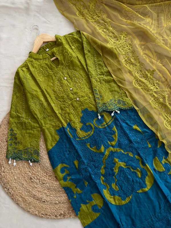 Lime_Green_And_Teal_Premium_Cotton_Kurti_With_Pant_And_Dupatta_Set_For_Women