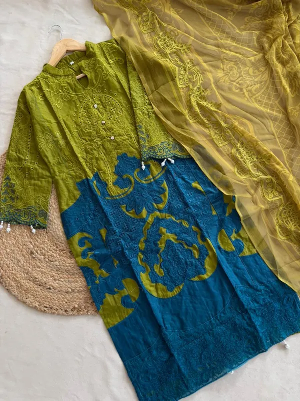 Lime_Green_And_Teal_Premium_Cotton_Kurti_With_Pant_And_Dupatta_Set_For_Women