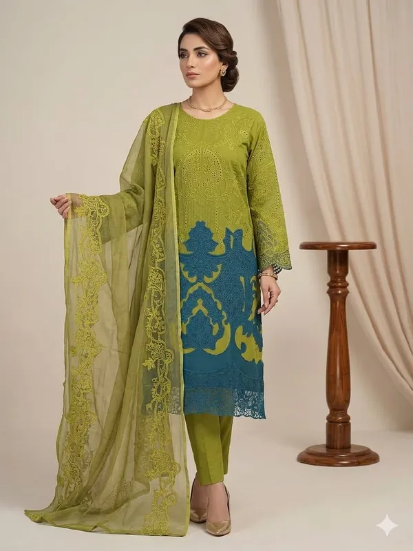 Lime_Green_And_Teal_Premium_Cotton_Kurti_With_Pant_And_Dupatta_Set_For_Women