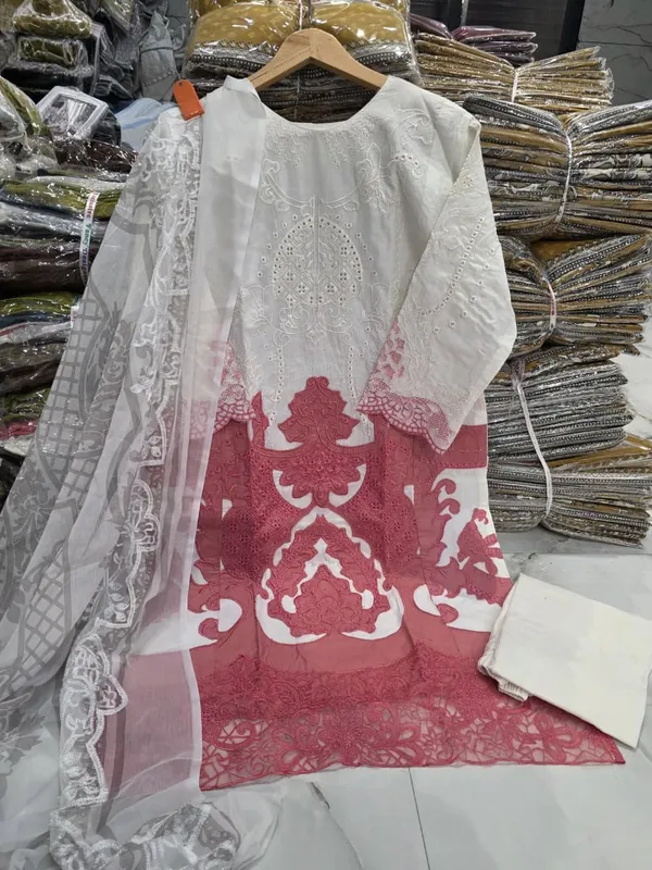 White_And_Blush_Pink_Premium_Cotton_Kurti_With_Pant_And_Dupatta_Set_For_Women