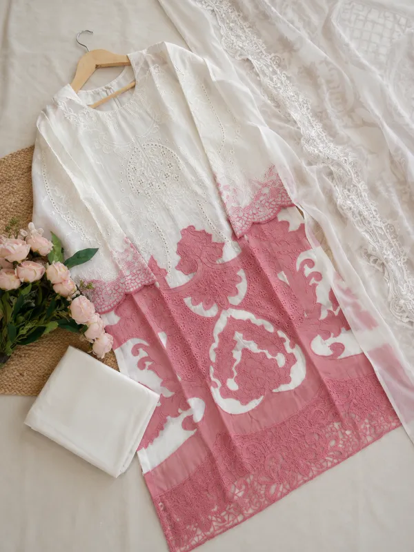 White_And_Blush_Pink_Premium_Cotton_Kurti_With_Pant_And_Dupatta_Set_For_Women
