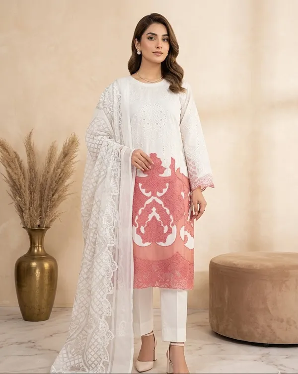 White_And_Blush_Pink_Premium_Cotton_Kurti_With_Pant_And_Dupatta_Set_For_Women