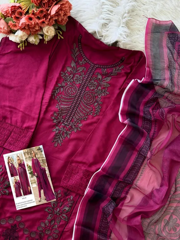 Unstitched_Magenta_Rayon_Cotton_Embroidered_Kurta_Set