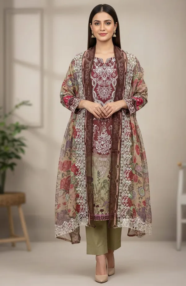 Maroon_Cotton_Embroidered_Kurti_Pant_Dupatta_Set