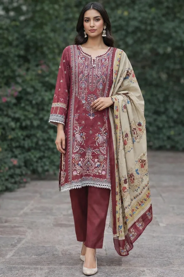 Maroon_Premium_Cotton_Kurti_With_Pant_And_Dupatta_Set_For_Women