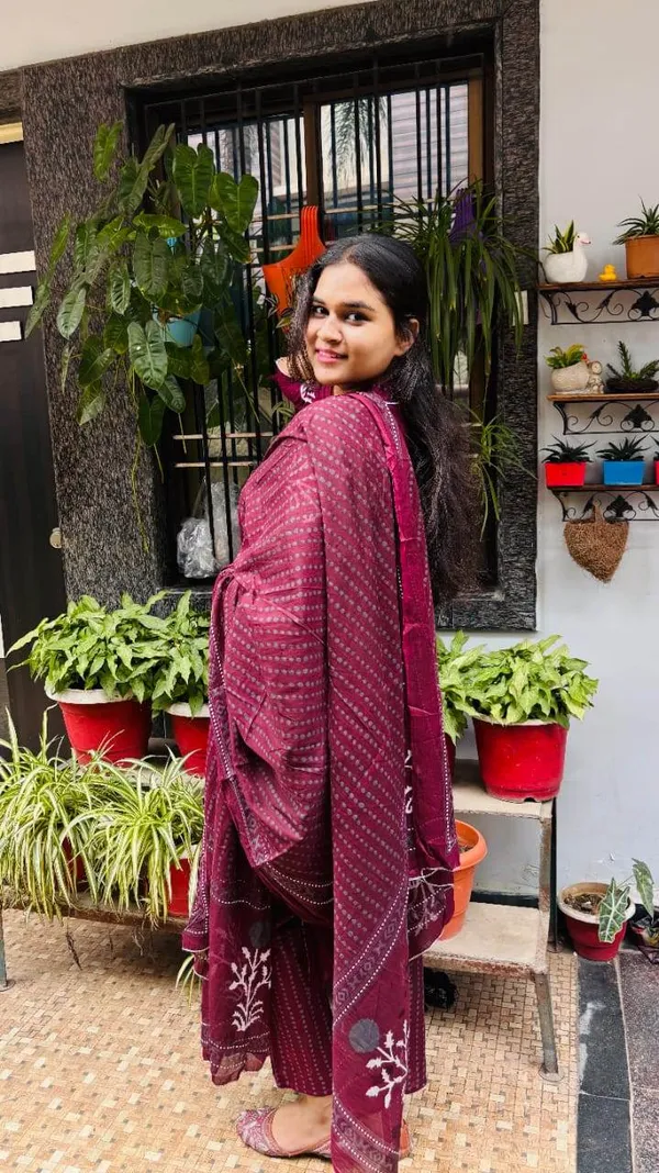 Maroon_Handblock_Print_Cotton_Kurti_Pant_Dupatta_Set