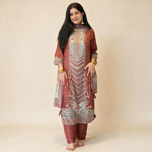 Maroon_Premium_Pure_Muslin_Kurti_With_Pant_And_Dupatta_Set_For_Women