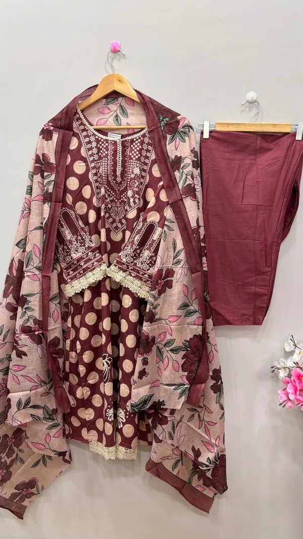 Maroon_Premium_Cotton_Kurti_With_Pant_And_Dupatta_Set_For_Women