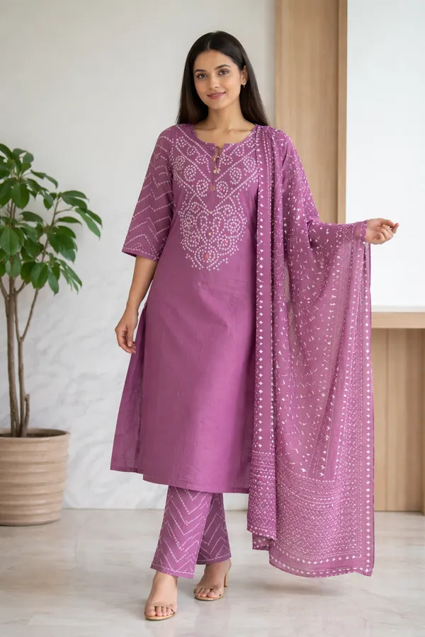 Mauve_Cotton_Bandhani_Kurti_Pant_Dupatta_Set_with_Pocket