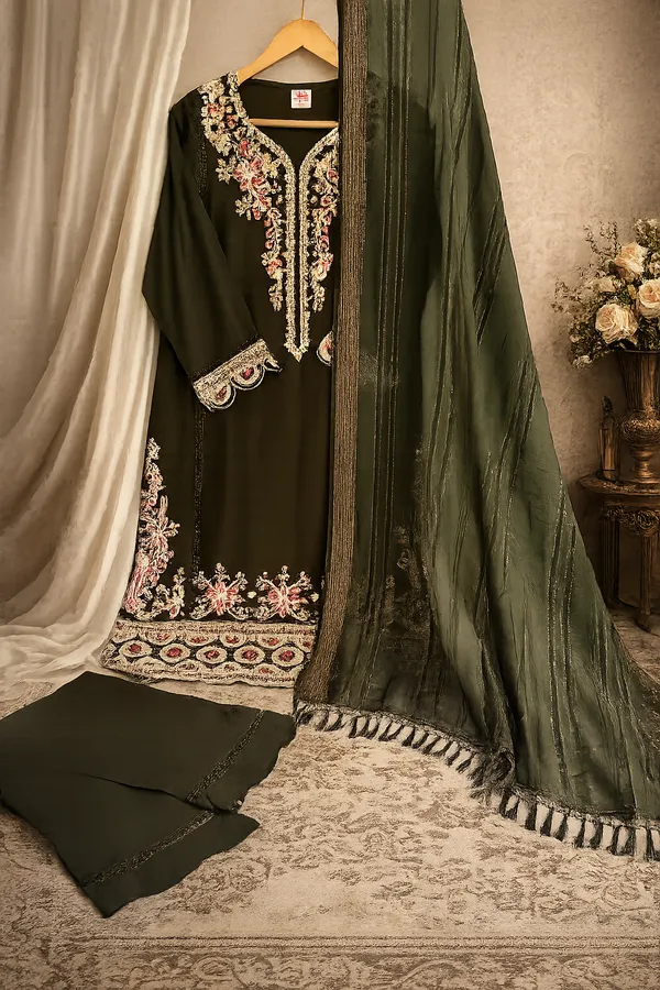 Mehendi_Green_Premium_Cotton_Kurti_With_Pant_And_Dupatta_Set_For_Women