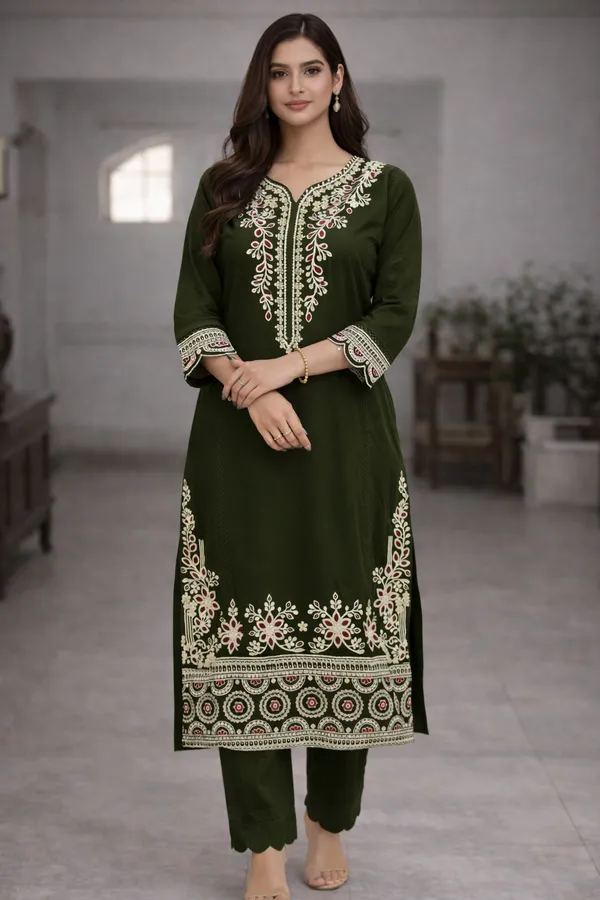 Mehendi_Green_Premium_Cotton_Kurti_With_Pant_And_Dupatta_Set_For_Women
