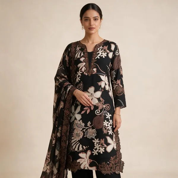 Coffee_Brown_And_Black_Premium_Rayon_Kurti_With_Pant_And_Dupatta_Set_For_Women